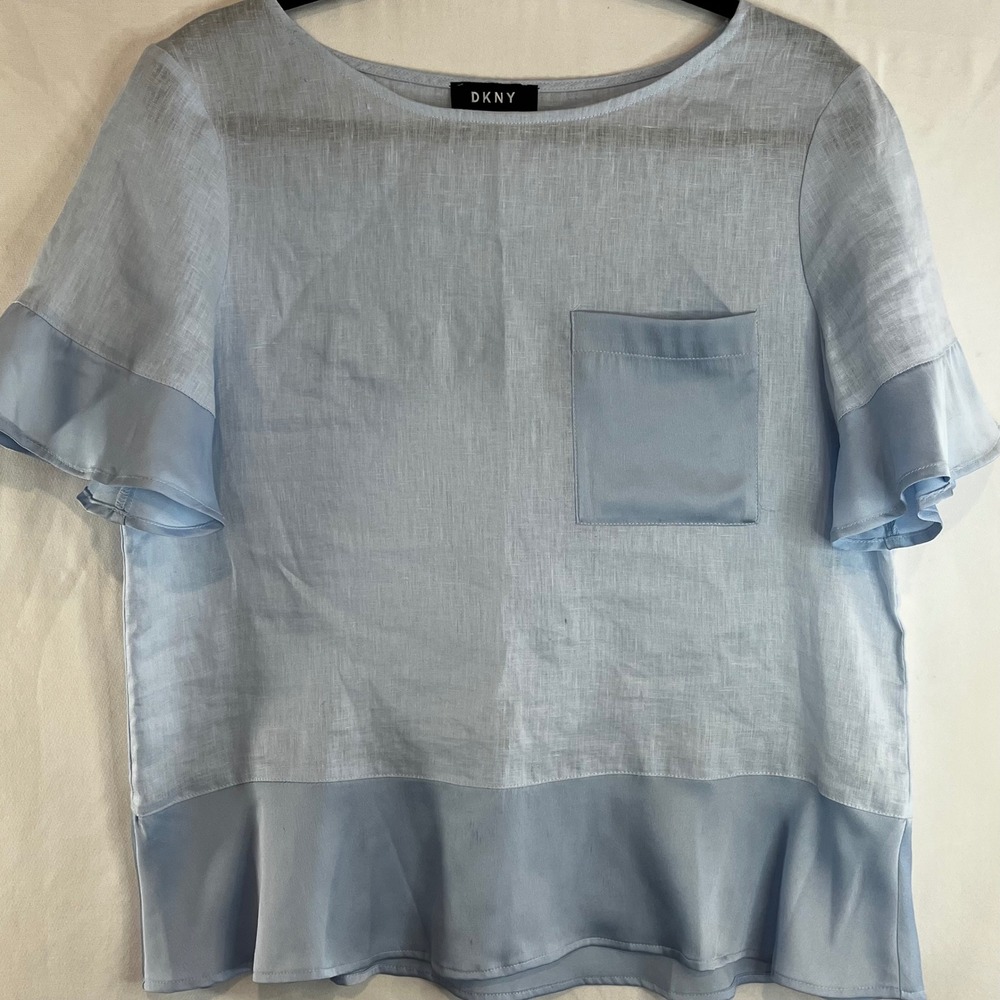 DKNY Women Light Blue Linen Mixed Media Ruffle Short Sleeve Top L
